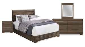 Ensemble de chambre à coucher Olivia 6 pièces fabriqué au Canada avec lit de rangement, commode, miroir et table de nuit, gris - format grand lit
