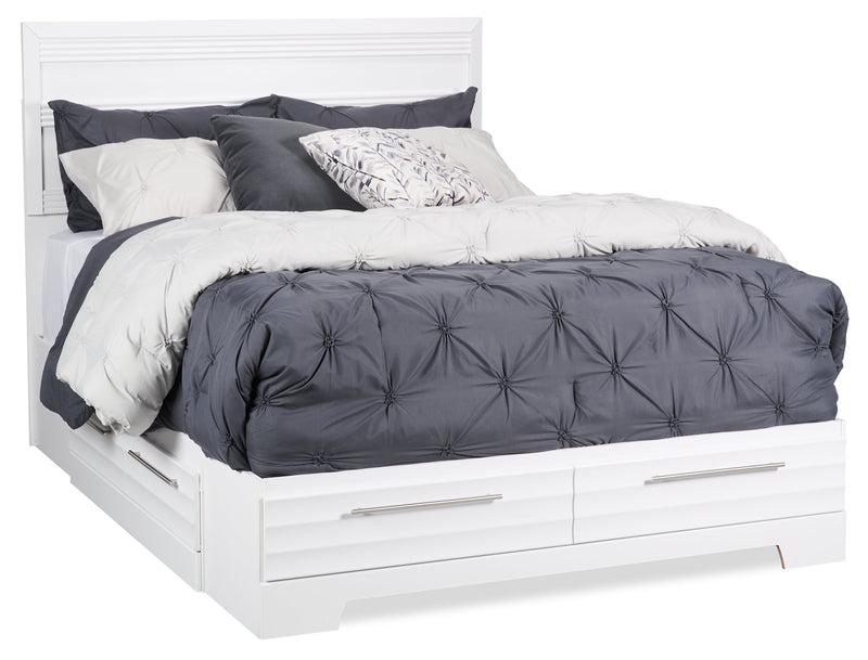 Ensemble de chambre à coucher Olivia 6 pièces fabriqué au Canada avec lit de rangement, commode, miroir et table de nuit, blanc - format lit double