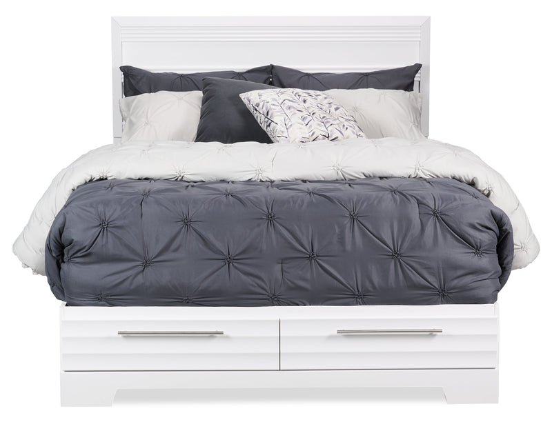 Ensemble de chambre à coucher Olivia 6 pièces fabriqué au Canada avec lit de rangement, commode, miroir et table de nuit, blanc - format lit double