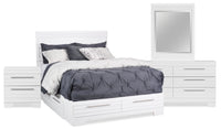  Ensemble de chambre à coucher Olivia 6 pièces fabriqué au Canada avec lit de rangement, commode, miroir et table de nuit, blanc - format grand lit