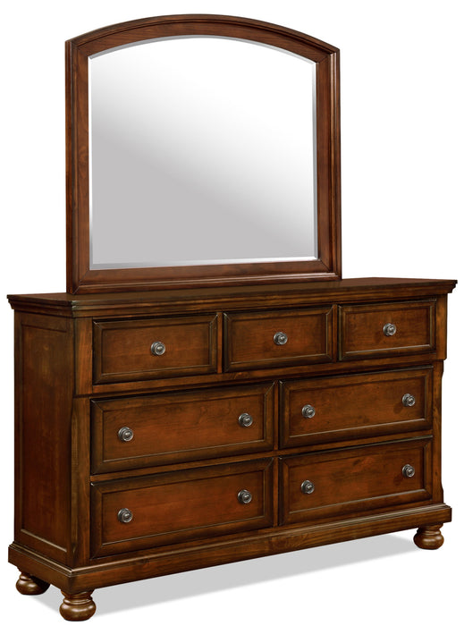 Ensemble de chambre à coucher Chelsea 6 pièces avec lit de rangement, commode, miroir et table de nuit, brun cerisier - format grand lit