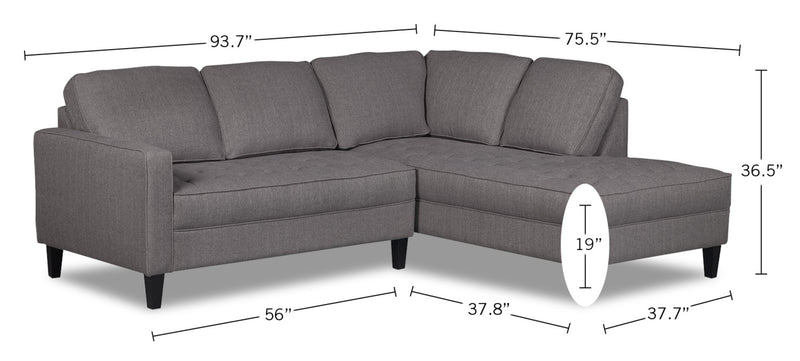 Sofa sectionnel de droite Paris 2 pièces en tissu d'apparence lin - granite