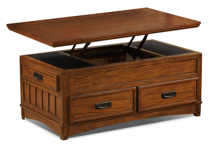 Table à café Cross Island avec dessus relevable et roulettes - chêne brun