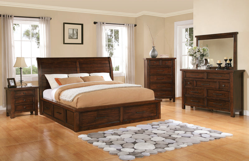Ensemble Sonoma 5 pcs avec grand lit de rangement, commode verticale et table de nuit - brun foncé