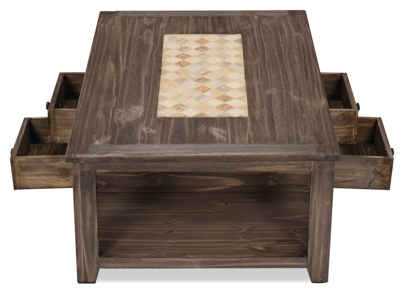 Table à café rustique Santa Fe Rustico de 47,25 po avec rangement et tablette - pin gris avec incrustation de marbre