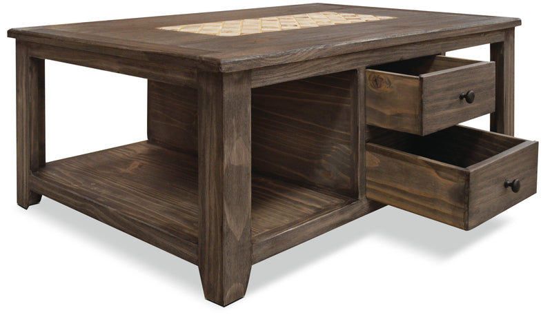 Table à café rustique Santa Fe Rustico de 47,25 po avec rangement et tablette - pin gris avec incrustation de marbre