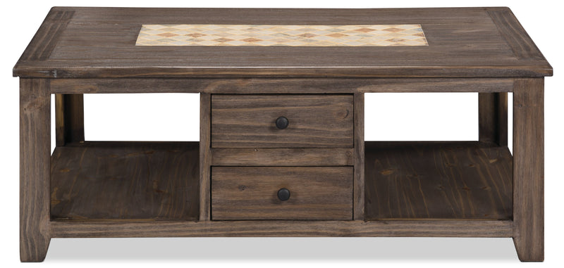 Table à café rustique Santa Fe Rustico de 47,25 po avec rangement et tablette - pin gris avec incrustation de marbre