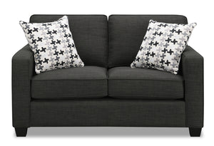 Causeuse Sawyer de 57 po fabriquée au Canada en tissu d’apparence lin avec coussins réversibles et coussins décoratifs - gris anthracite