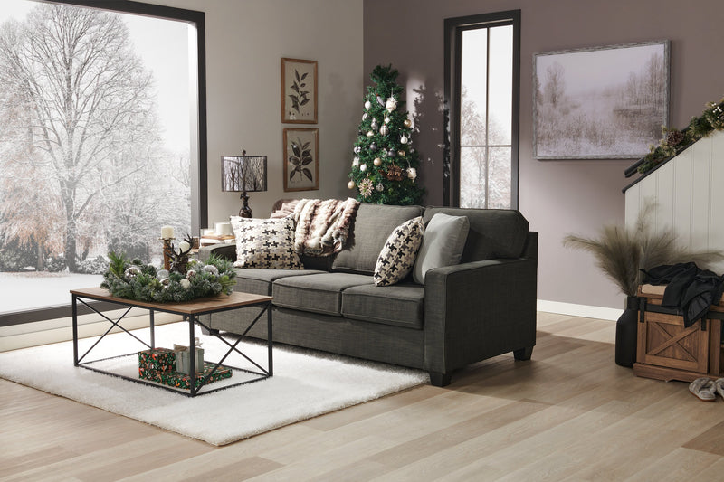 Sofa Sawyer de 83 po fabriqué au Canada en tissu d’apparence lin avec coussins réversibles et coussins décoratifs - gris anthracite