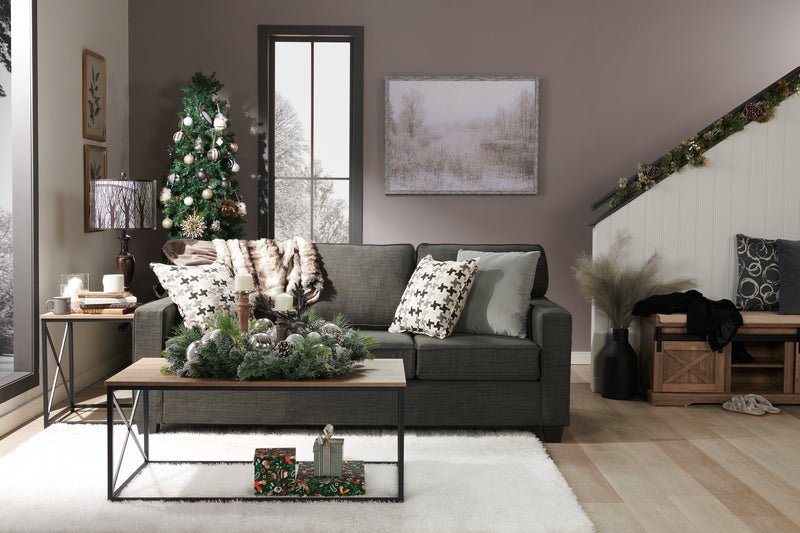 Sofa Sawyer de 83 po fabriqué au Canada en tissu d’apparence lin avec coussins réversibles et coussins décoratifs - gris anthracite
