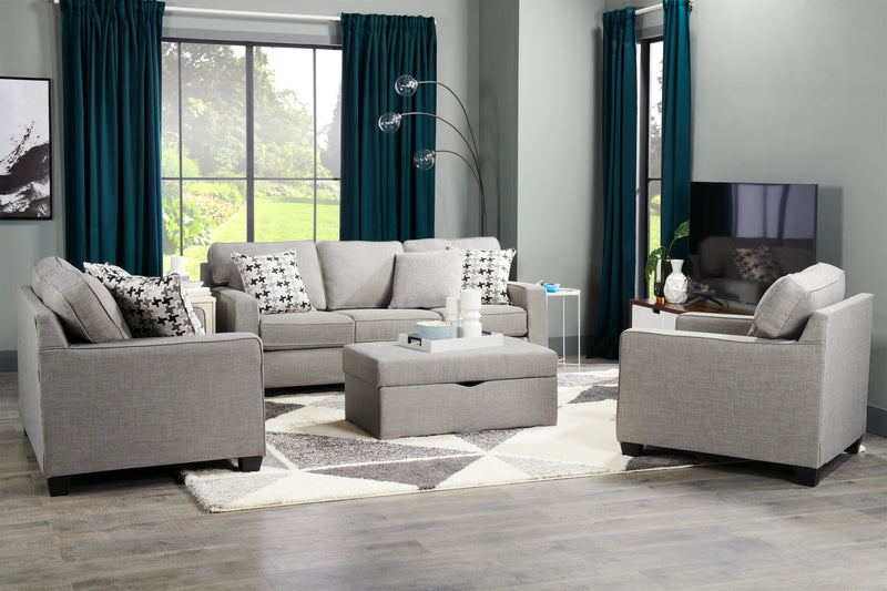 Sofa Sawyer de 83 po fabriqué au Canada en tissu d’apparence lin avec coussins réversibles et coussins décoratifs - gris clair