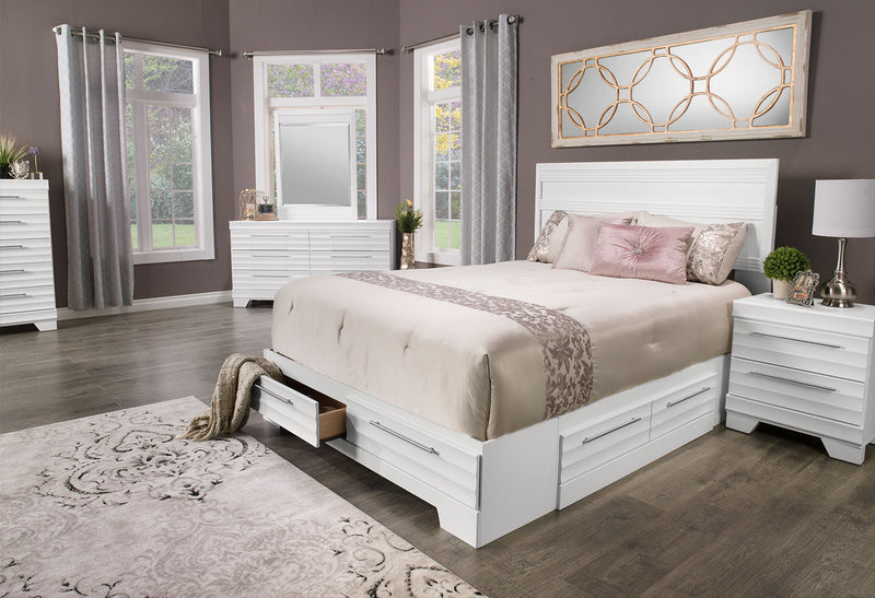 Ensemble de chambre à coucher Olivia 6 pièces fabriqué au Canada avec lit de rangement, commode, miroir et table de nuit, blanc - format lit double