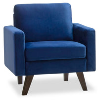  Fauteuil Joelle de 31 po en tissu de velours avec accoudoirs rectilignes et pattes en bois - bleu