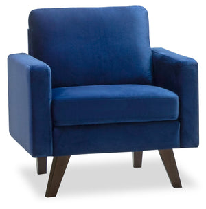 Fauteuil Joelle de 31 po en tissu de velours avec accoudoirs rectilignes et pattes en bois - bleu