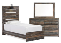 Ensemble de chambre à coucher Abby 5 pièces pour enfants avec lit à panneau, commode, miroir, lumière DEL et port USB, brun - format lit simple