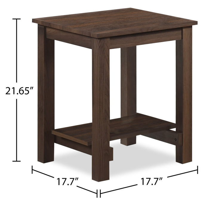 Table de bout traditionnelle Jordi de 17,7 po avec tablette - bois au fini noyer brun