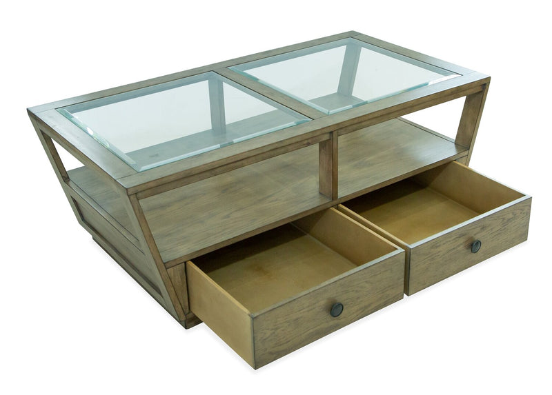 Table à café traditionnelle Esme de 48 po avec dessus en verre, rangement et tablette - bois brun clair
