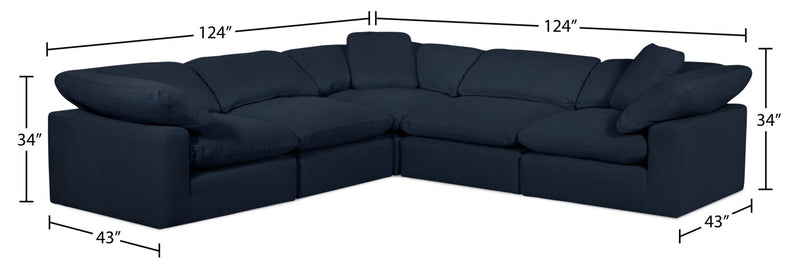 Sofa sectionnel modulaire Eclipse 5 pièces en tissu d’apparence lin avec coussins réversibles en duvet et plumes - bleu marine