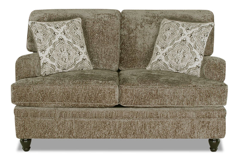 Causeuse Bellmont de 64 po fabriquée au Canada en tissu de chenille avec coussins réversibles et pattes en bois - brun caramel