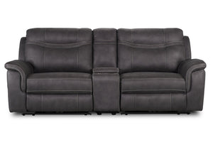 Floy Faux Suede Power Reclining Loveseat with Power Headrest and Console - Grey | Causeuse à inclinaison électrique Floy en suédine avec appuie-tête électrique et console - grise | FLOYGYLV