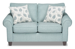 Causeuse Scarlett de 64 po fabriquée au Canada en tissu de chenille avec accoudoirs enroulés et coussins décoratifs - bleu marine