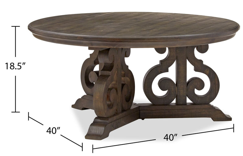 Table à café ronde traditionnelle Bellamy de 40 po - pin brun foncé avec base en bois à volutes