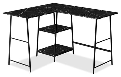 Evlin 42" L-Shaped Office Desk with Shelves - Black Marble-Look|Bureau en forme de L Evlin de 42 po à tablettes - apparence marbre noir