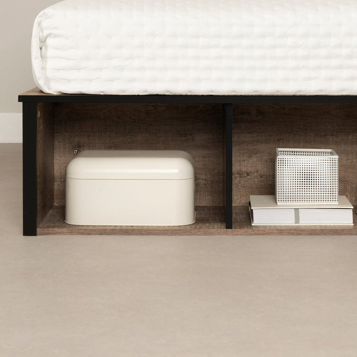 Lit plateforme Everley avec rangement et paniers intégrés, chêne vieilli et noir mat - format lit simple