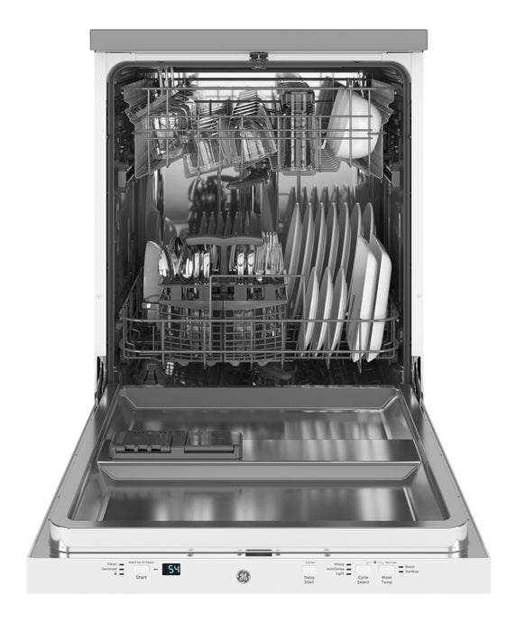Lave-vaisselle portatif GE de 24 po et de 54 dBA avec commandes sur le dessus et broyeur d’aliments solides PiranhaMC - blanc - GPT225SGLWW
