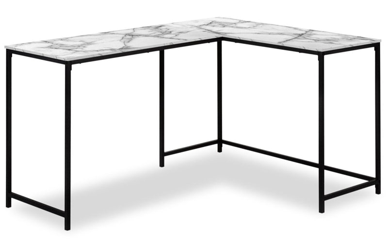 Bureau en coin en forme de L Karter de 58,25 po - apparence marbre blanc