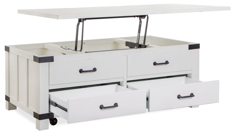 Table à café moderne Harper de 50 po avec dessus relevable, rangement et roulettes - pin blanc