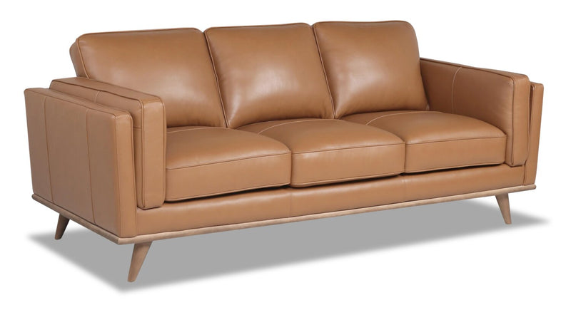 Sofa Vivia de 86 po en cuir véritable avec coussins de siège amovibles et pattes en bois - brun caramel 