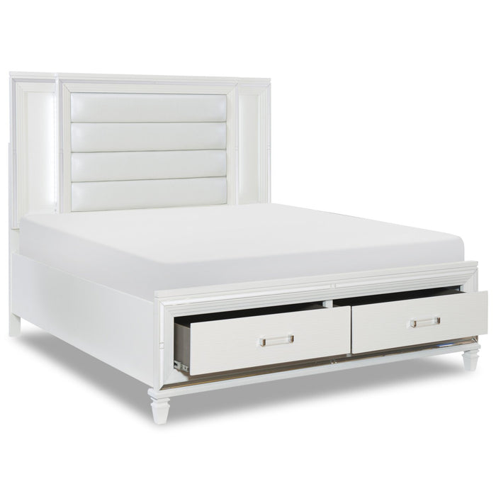 Lit plateforme de rangement Max somptueux en cuir végétalien avec tête de lit, cadre de lit et éclairage à DEL, blanc - format grand lit