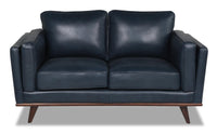  Causeuse Vivia de 63 po en cuir véritable avec coussins de siège amovibles et pattes en bois - bleu marine
