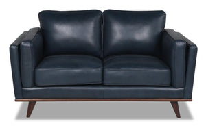 Causeuse Vivia de 63 po en cuir véritable avec coussins de siège amovibles et pattes en bois - bleu marine
