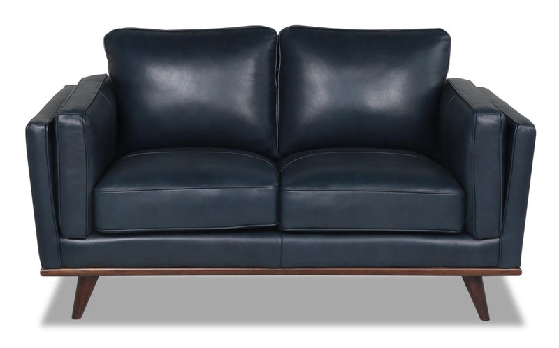 Causeuse Vivia de 63 po en cuir véritable avec coussins de siège amovibles et pattes en bois - bleu marine