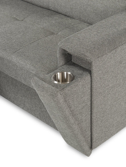 Sofa sectionnel de gauche Savvy 2 pièces en tissu d’apparence lin avec appuie-têtes réglables, porte-gobelets et port USB - gris