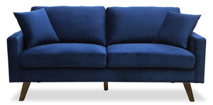 Sofa Joelle de 69 po en tissu de velours avec accoudoirs rectilignes et pattes en bois - bleu