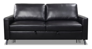Sofa-lit Wilson de 77,5 po en tissu d’apparence cuir avec coussins de dossier rabattables et pattes en métal - noir