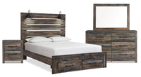  Ensemble de chambre à coucher Abby 6 pièces avec lit de rangement, commode, miroir, table de nuit, lumière DEL et port USB, brun - format grand lit