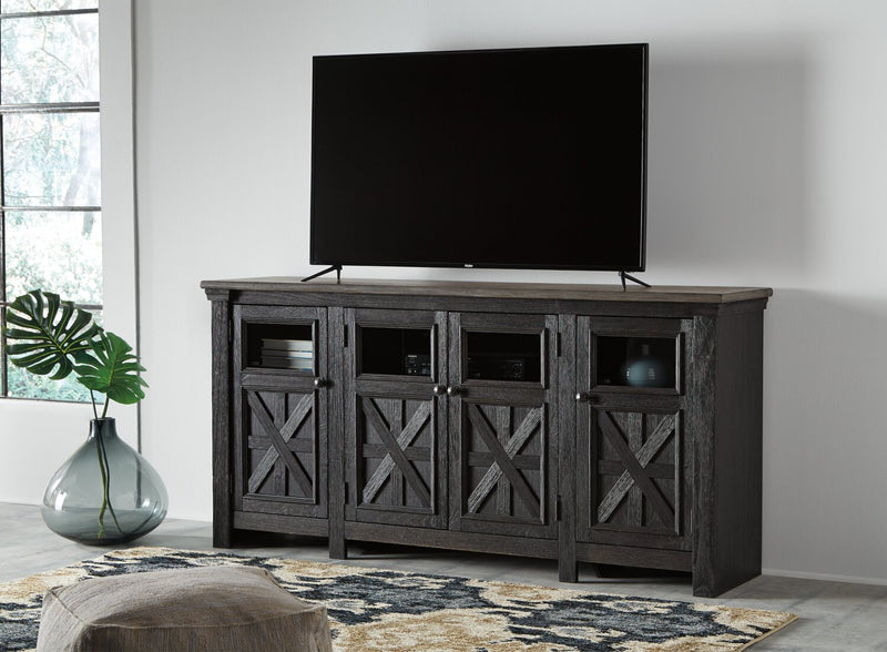 Meuble pour téléviseur traditionnel Tyler Creek de 74 po avec rangement et système de gestion des câbles pour téléviseurs jusqu’à 85 po - gris-noir