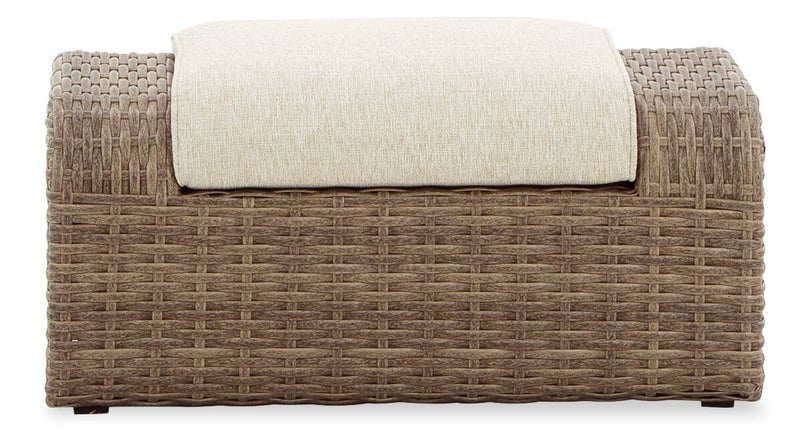 Grand pouf Cali pour la terrasse à l’extérieur - osier en résine et tissu Nuvella, résistant aux rayons UV et aux intempéries - brun et beige
