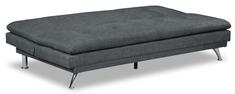 Futon June de 73,2 po en tissu d’apparence lin avec mécanisme Klik Klak, pattes en métal et capitonnage - gris