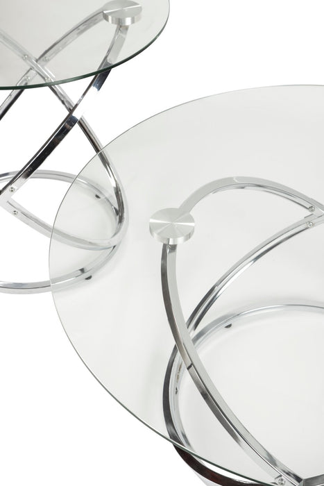 Ensemble 3 tables rondes somptueuses Hollynx de 38 po (table à café et 2 tables de bout) - base en métal argenté avec dessus en verre