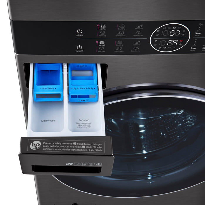 Tour de lavage WashTowerMC à la vapeur haute efficacité LG à chargement frontal avec laveuse de 5,2 pi³ et sécheuse de 7,4 pi³ - acier noir - WKGX201HBA