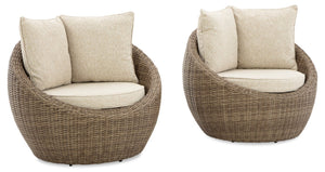 Ensemble de 2 fauteuils Lume pour la terrasse à l’extérieur - osier en résine et tissu Nuvella, résistant aux rayons UV et aux intempéries - naturel et beige