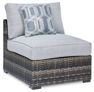 Ensemble de 2 fauteuils sans accoudoirs Lilo pour la terrasse à l’extérieur - osier en résine et tissu Nuvella, résistant aux rayons UV et aux intempéries - gris