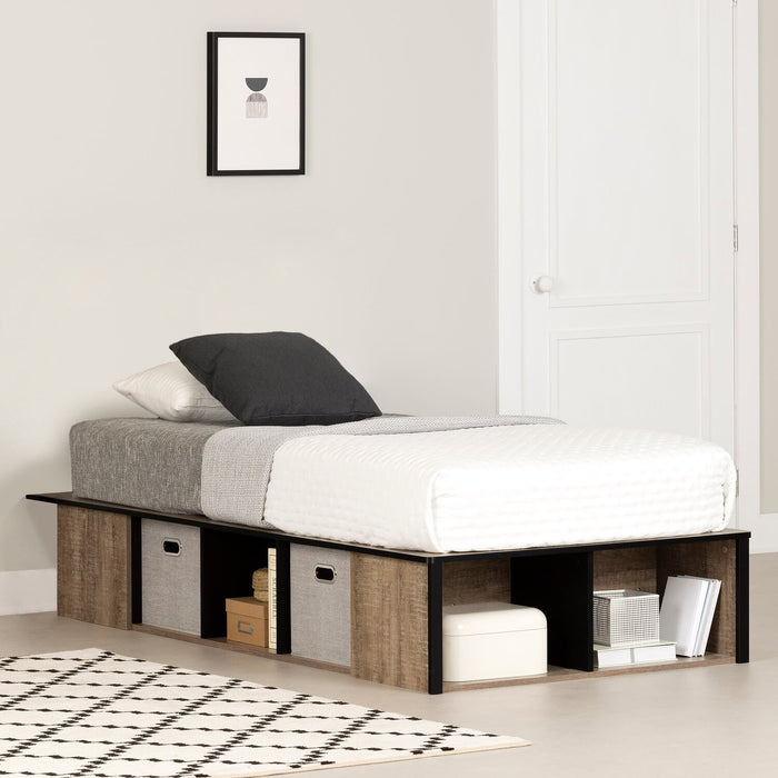 Lit plateforme Everley avec rangement et paniers intégrés, chêne vieilli et noir mat - format lit simple