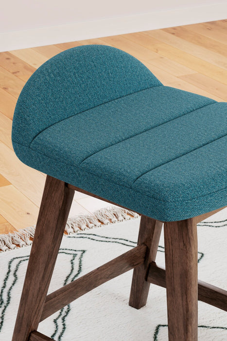 Tabouret Jovi de hauteur comptoir en tissu d’apparence lin et en bois - bleu