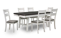  Ensemble de table salle à manger Echo 7 pièces avec table de 70 po (L), tiroirs de rangement, base à tréteaux et 6 chaises - blanc-gris